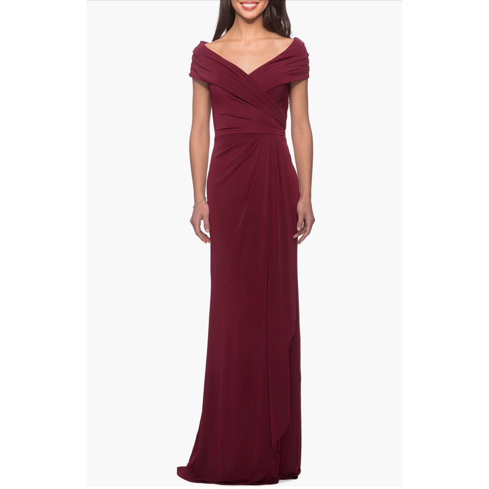 La Femme 26519 Ruched Jersey Column Gown Wine Size 12